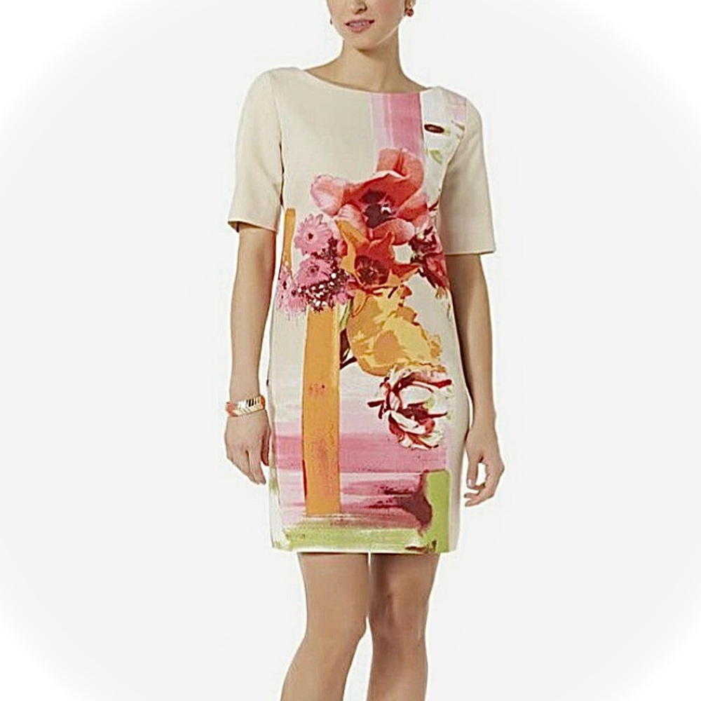 Gabby Skye Pink, Cream & Orange Abstract Floral Shift Sheath Dress with Pockets - Picture 14 of 14